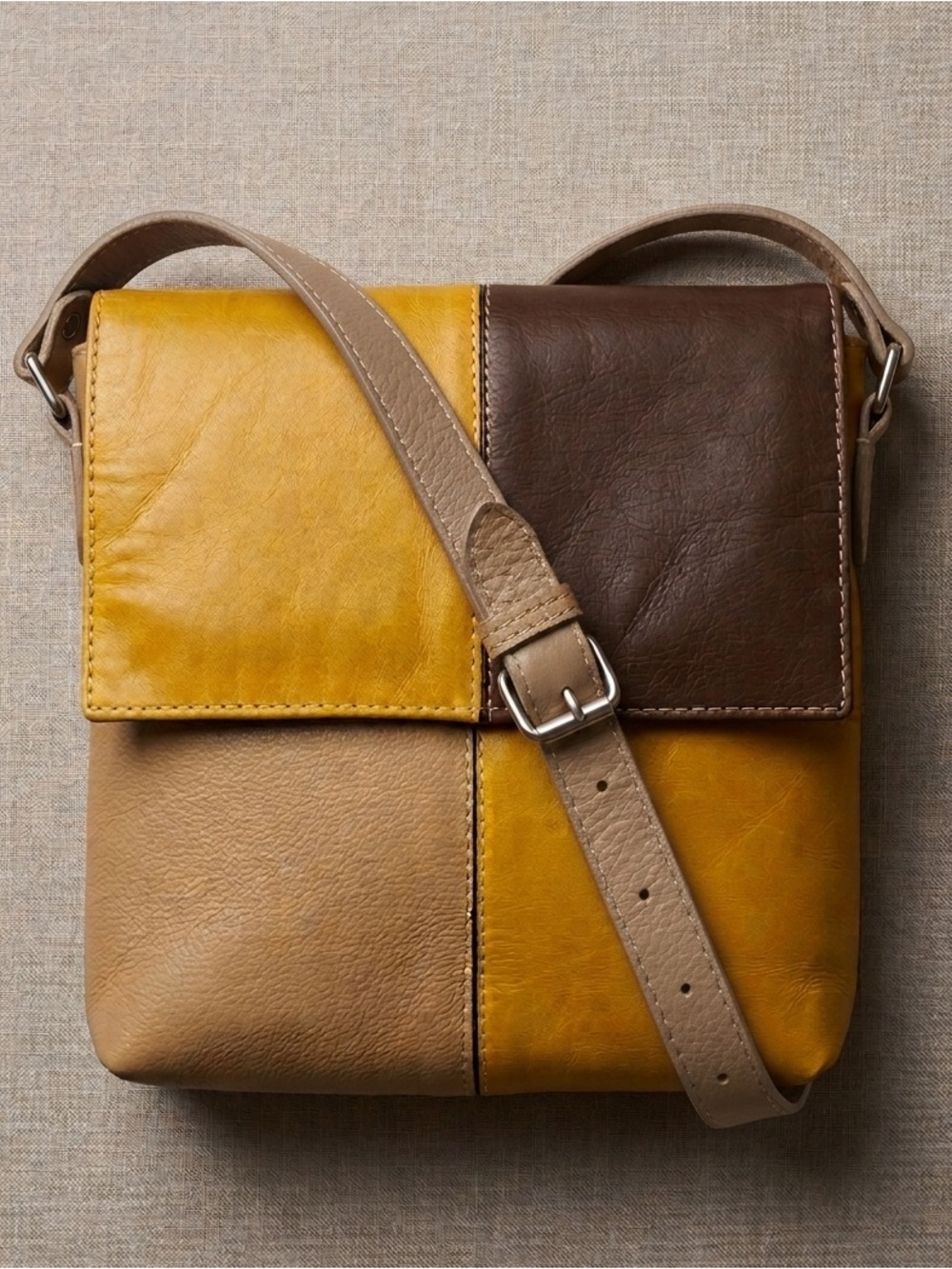 Colorblock Leather Crossbody‎ Bag - Mustard, Brown, Tan Festival Boho bag